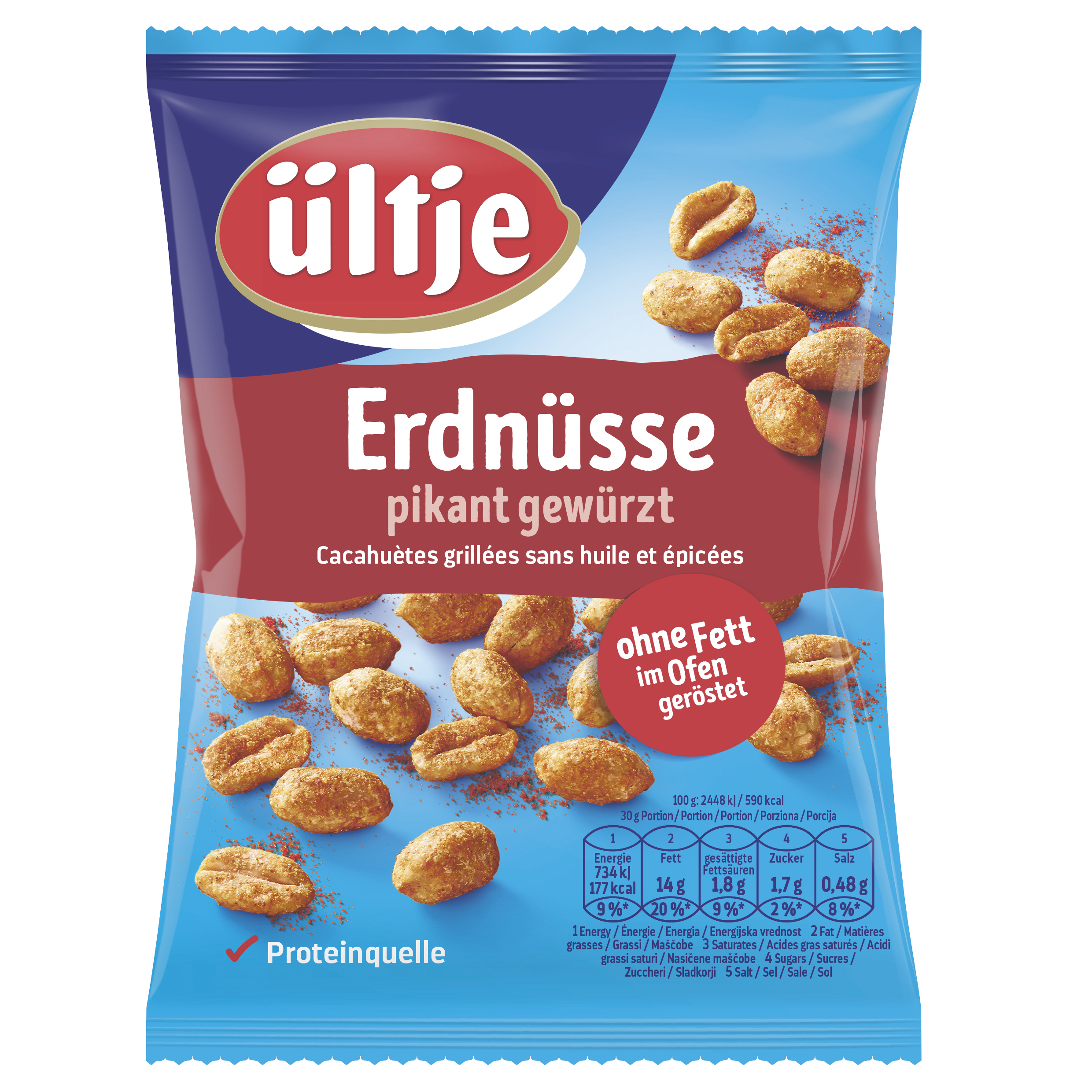 ültje Erdnüsse, pikant gewürzt, ohne Fett geröstet, 200g Beutel